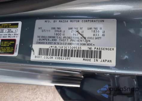 2012 Mazda Mazda3 I Sport z USA, uszkodzony, nr VIN JM1BL1UF3C1509535